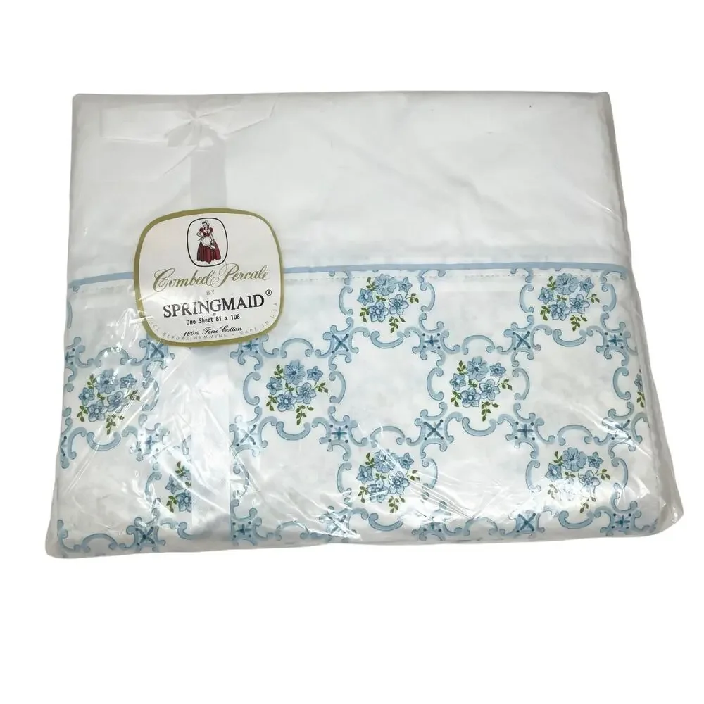 Springmaid Full Size Flat Sheet New Old Stock White with Blue Floral Border